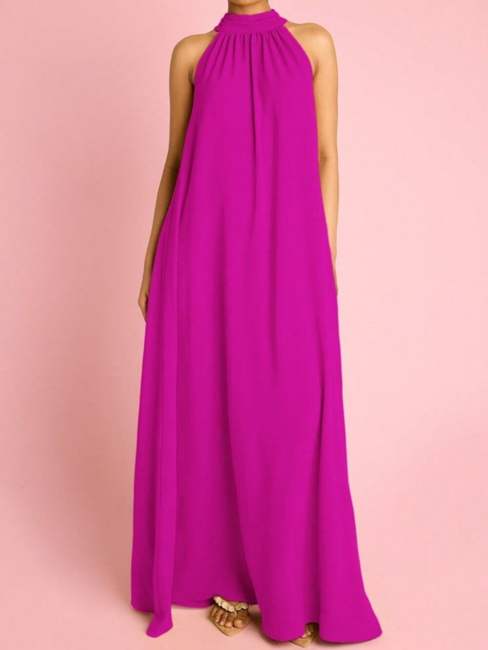 Hot Pink Elegant Boho Women's Halterneck Flowing Trapeze Maxi Dress - Picture 1 of 6